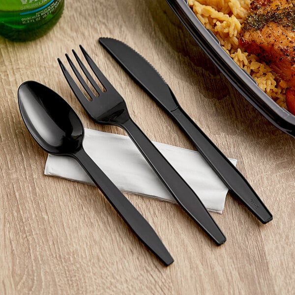 (250/Count) 4 Pcs Heavy Weight Polypropylene Plastic Black Meal Kit (Fork, Knife, Teaspoon & Napkin)