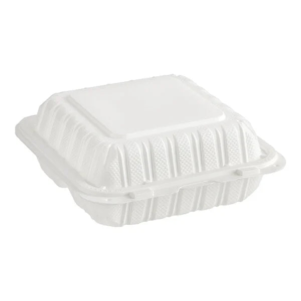 (150/Count) 8" x 8"- 3 Compartment Microwaveable Mineral-Filled Plastic Hinged Take-Out Container, White
