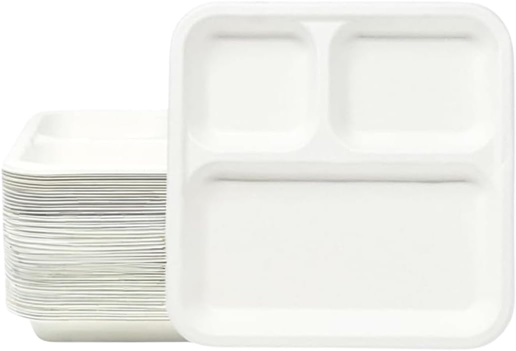 9" - 3 Compartment Disposable Square Plate | 100% Natural Sugarcane Bagasse Fiber | Biodegradable & Compostable Plate, White