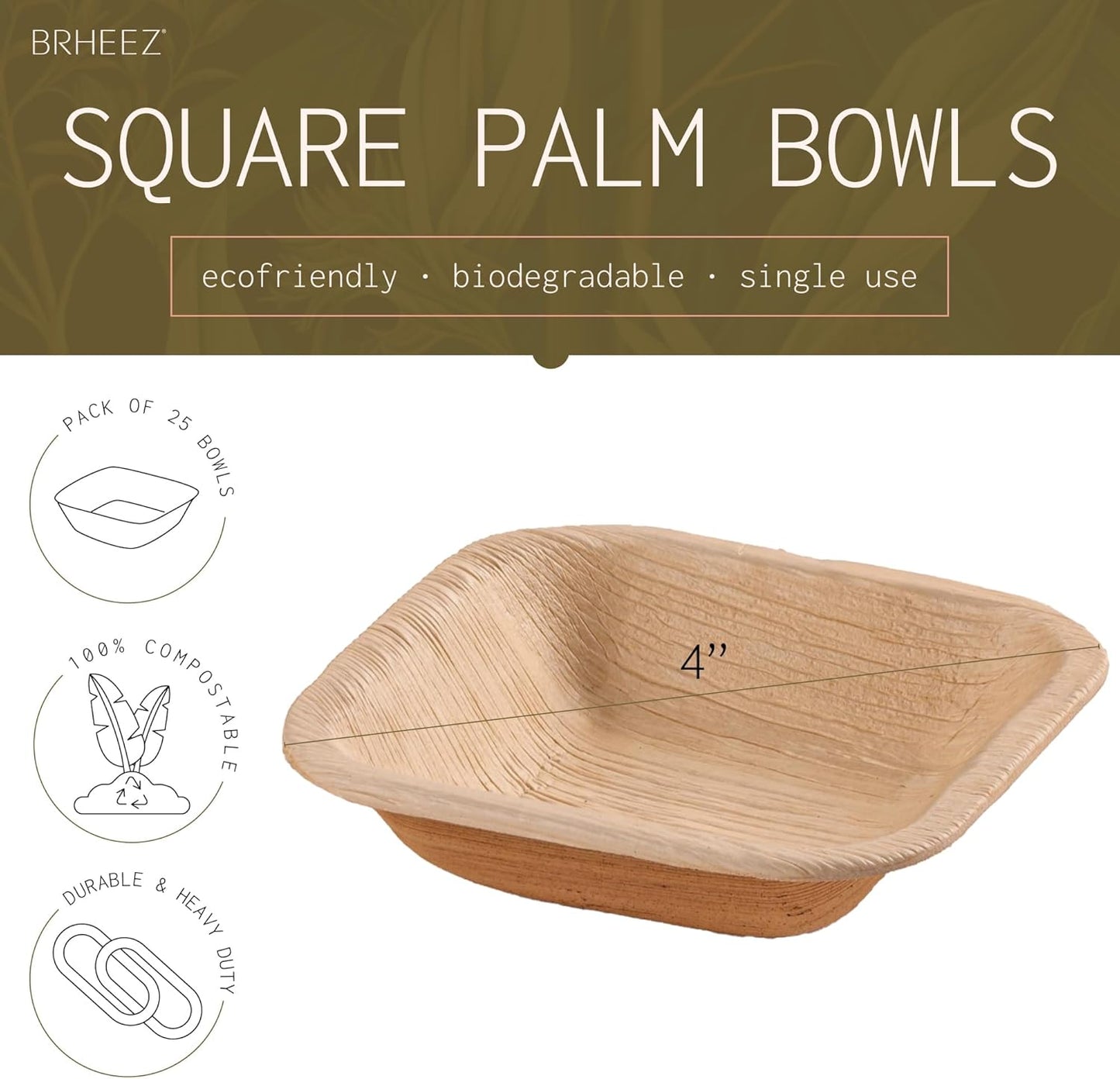 4" Disposable Areca Palm Leaf Square Bowls Natural Color - Elegant Sturdy - Biodegradable and Compostable