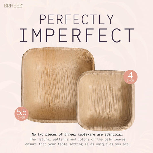 5.5" Disposable Areca Palm Leaf Square Bowls - Natural Color - Elegant Sturdy - Biodegradable and Compostable