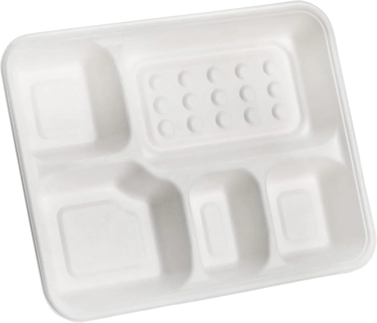 5 Compartment Disposable Deep Meal Tray | 100% Natural Sugarcane Bagasse Fiber | Biodegradable & Compostable Meal Tray, White