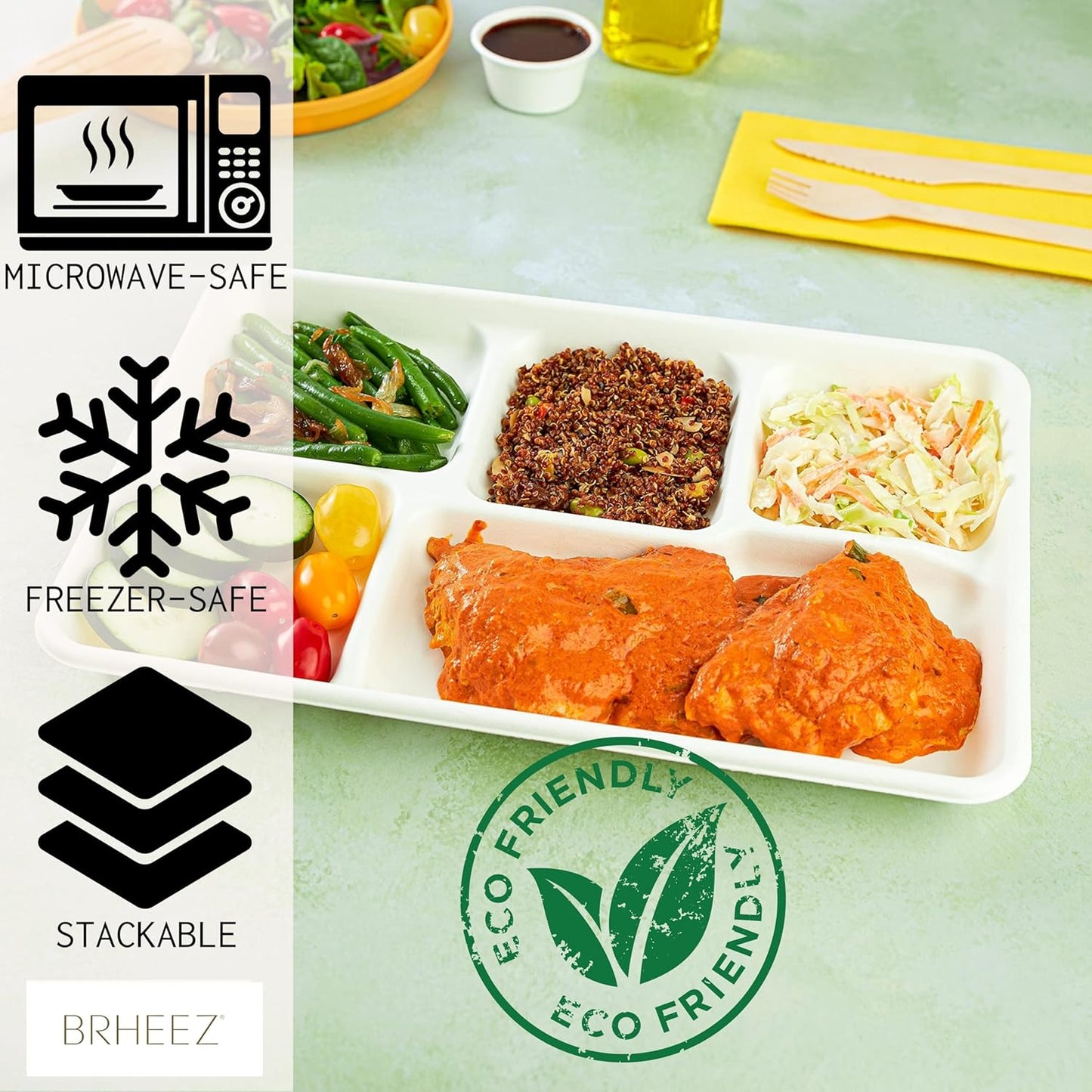 (50/Count) 8" x 10" - 5 Compartment Disposable School Meal Tray | 100% Natural Sugarcane Bagasse Fiber | Biodegradable & Compostable Meal Tray