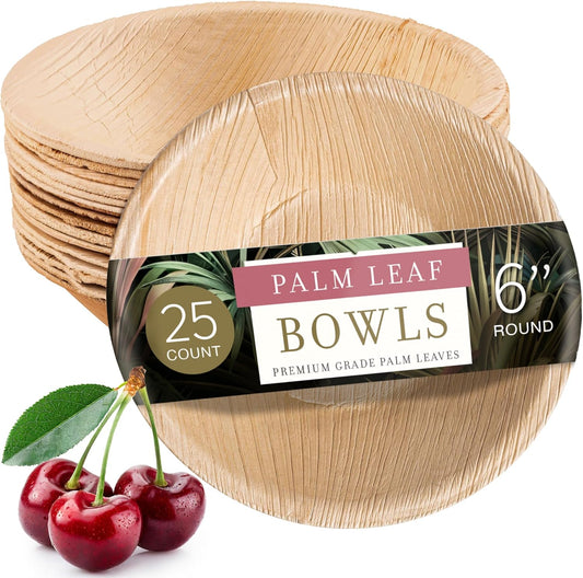 6" Disposable Areca Palm Leaf Round Bowls - Natural Color - Elegant Sturdy - Biodegradable and Compostable
