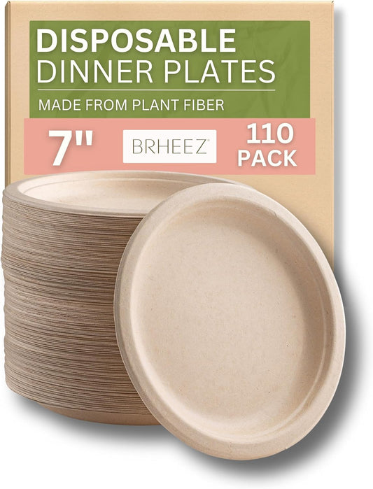 7" Heavy Duty Round Disposable Plates | 100% Natural Sugarcane Bagasse Fiber | Biodegradable & Compostable Plates