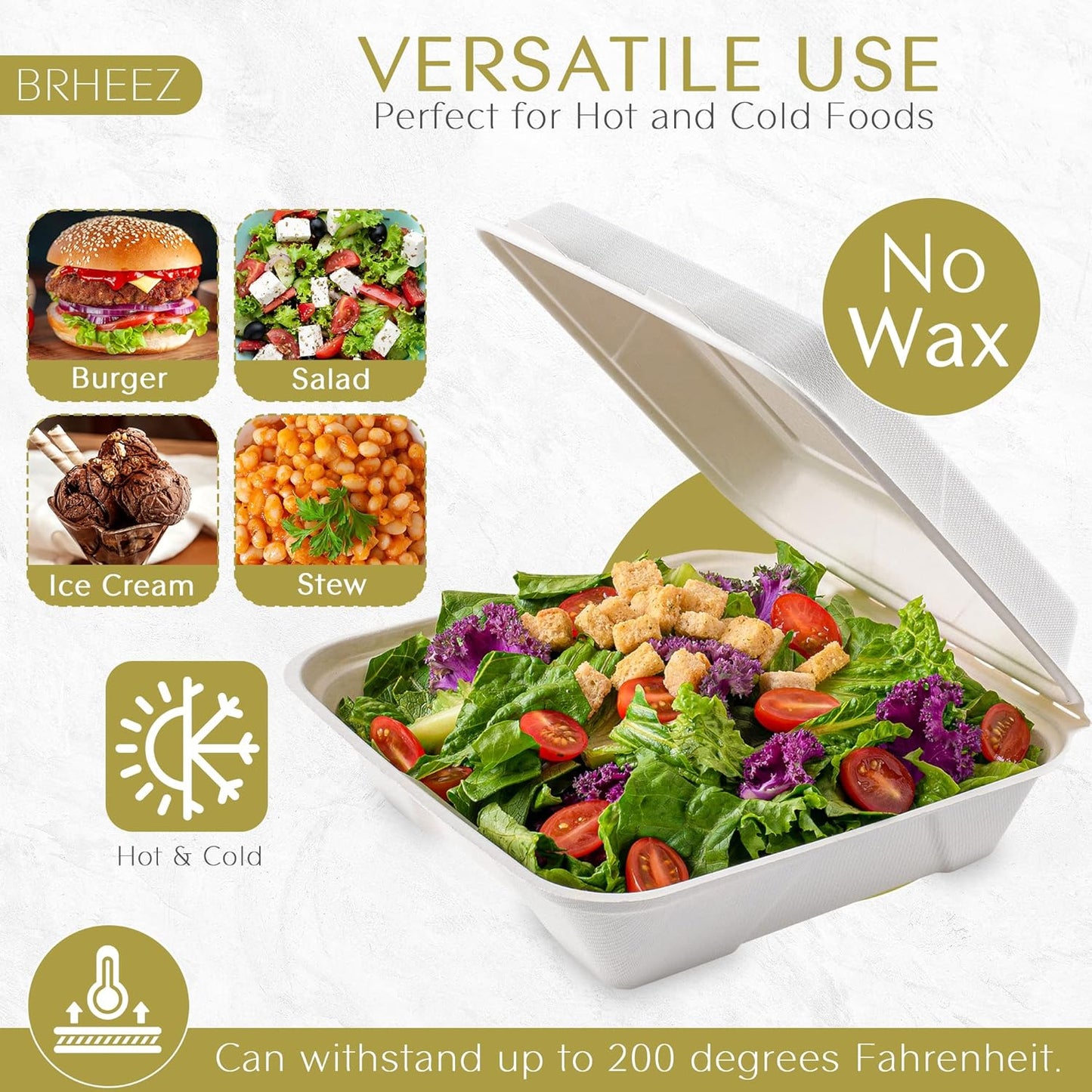 8" x 8" To-Go Containers | 100% Natural Sugarcane Bagasse Fiber | Biodegradable & Compostable Takeout Containers, White