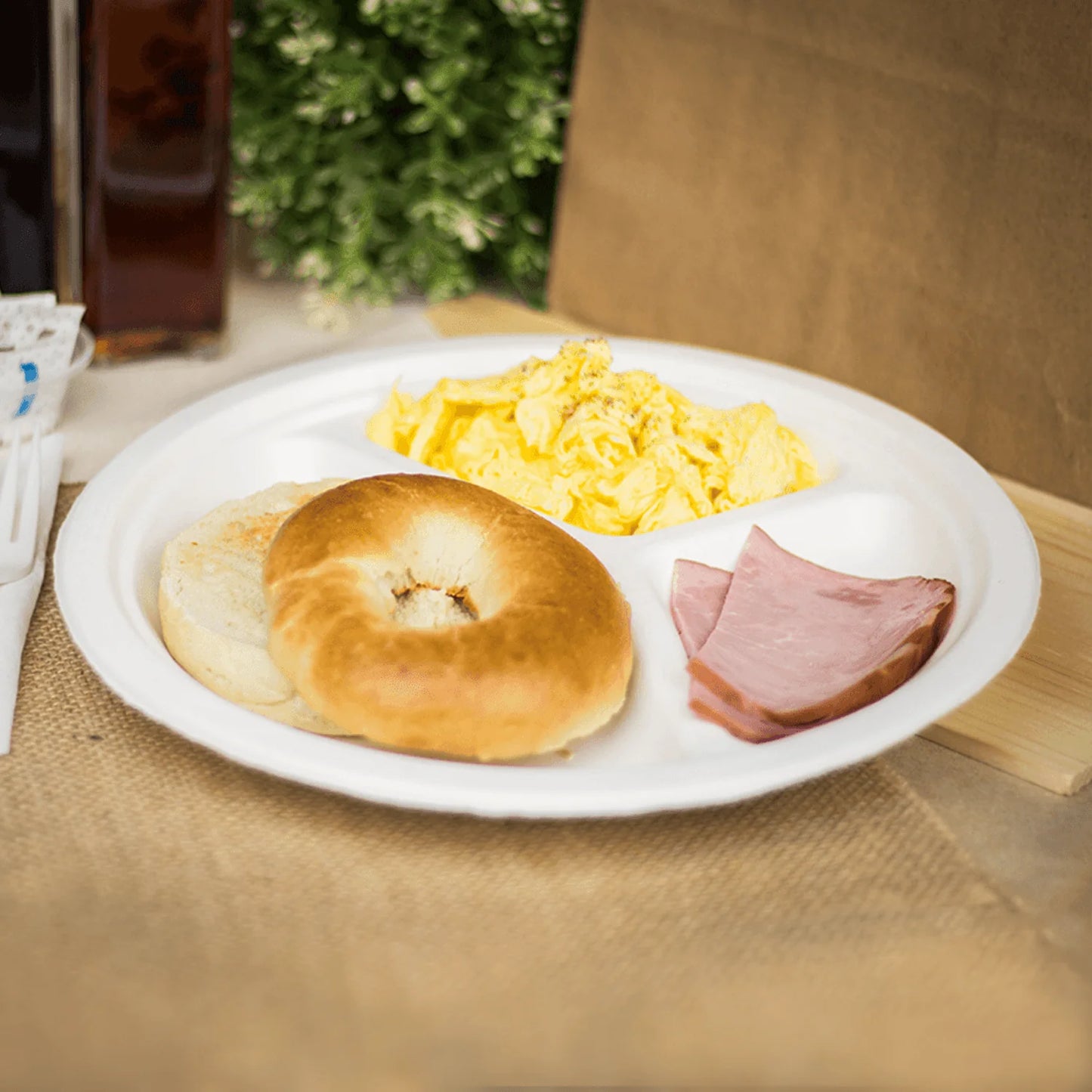 9" - 3 Compartment Disposable Round Plate | 100% Natural Sugarcane Bagasse Fiber | Biodegradable & Compostable Plate