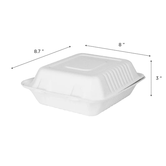 8" x 8" To-Go Containers | 100% Natural Sugarcane Bagasse Fiber | Biodegradable & Compostable Takeout Containers, White