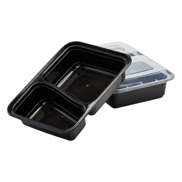 30oz - 2 Compartment Black Rectangular Microwavable Container with Clear Lid