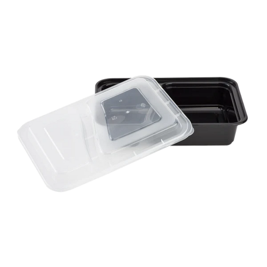 30oz - 2 Compartment Black Rectangular Microwavable Container with Clear Lid