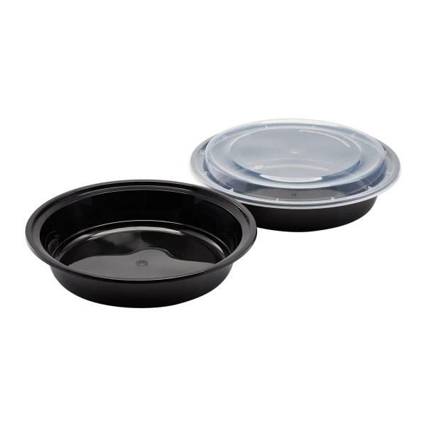 48 oz. Black Round Microwavable Container with Clear Lid