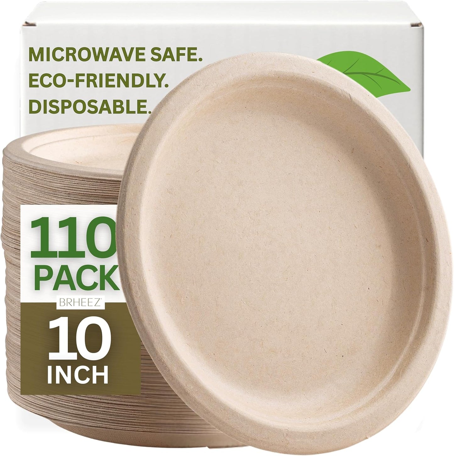 10" Heavy Duty Round Disposable Plates | 100% Natural Sugarcane Bagasse Fiber | Biodegradable & Compostable Plates