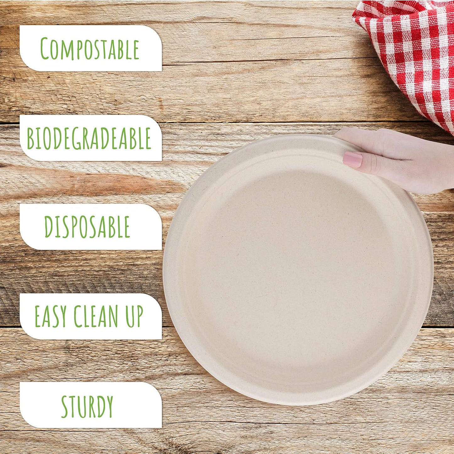 10" Heavy Duty Round Disposable Plates | 100% Natural Sugarcane Bagasse Fiber | Biodegradable & Compostable Plates