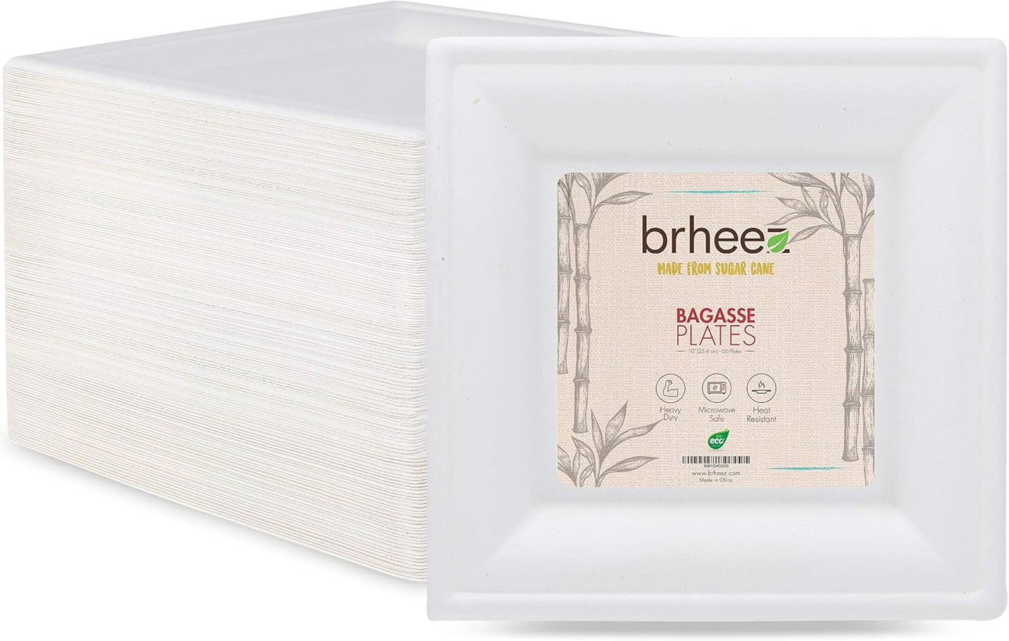 10" Heavy Duty Disposable Square Dinner Plates | 100% Natural Sugarcane Bagasse Fiber | Biodegradable & Compostable Plates, White