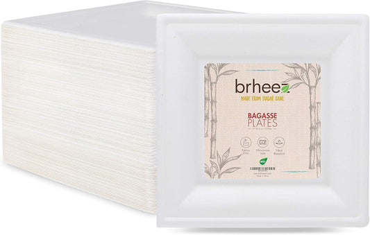 10" Heavy Duty Disposable Square Dinner Plates | 100% Natural Sugarcane Bagasse Fiber | Biodegradable & Compostable Plates, White