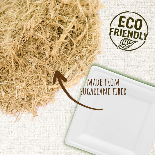 10" Heavy Duty Disposable Square Dinner Plates | 100% Natural Sugarcane Bagasse Fiber | Biodegradable & Compostable Plates, White
