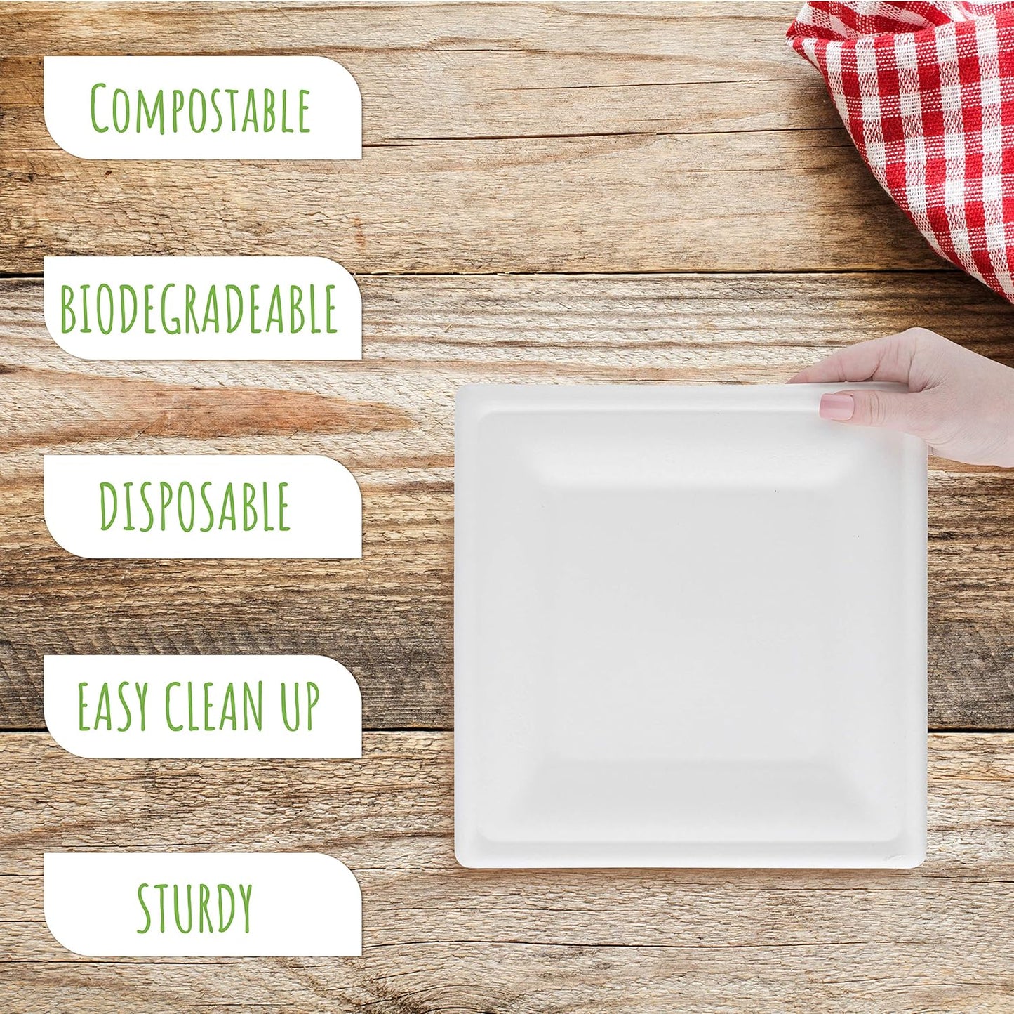 10" Heavy Duty Disposable Square Dinner Plates | 100% Natural Sugarcane Bagasse Fiber | Biodegradable & Compostable Plates, White