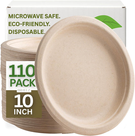 10" Heavy Duty Round Disposable Plates | 100% Natural Sugarcane Bagasse Fiber | Biodegradable & Compostable Plates