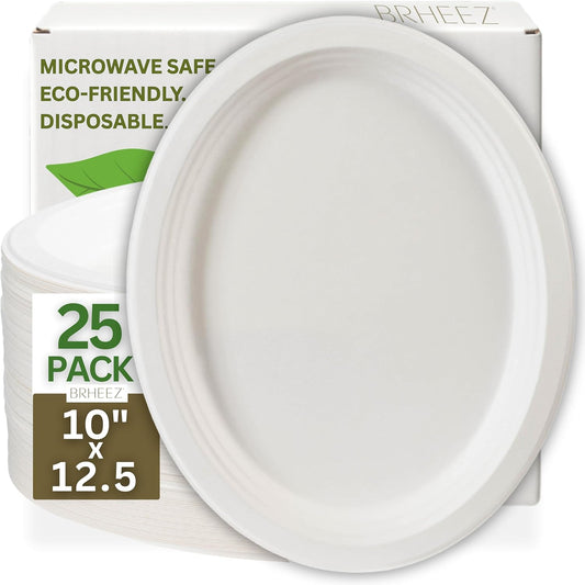10" x 12.5" Disposable Oval Dinner Plates | 100% Natural Sugarcane Bagasse Fiber | Biodegradable & Compostable Plates, White
