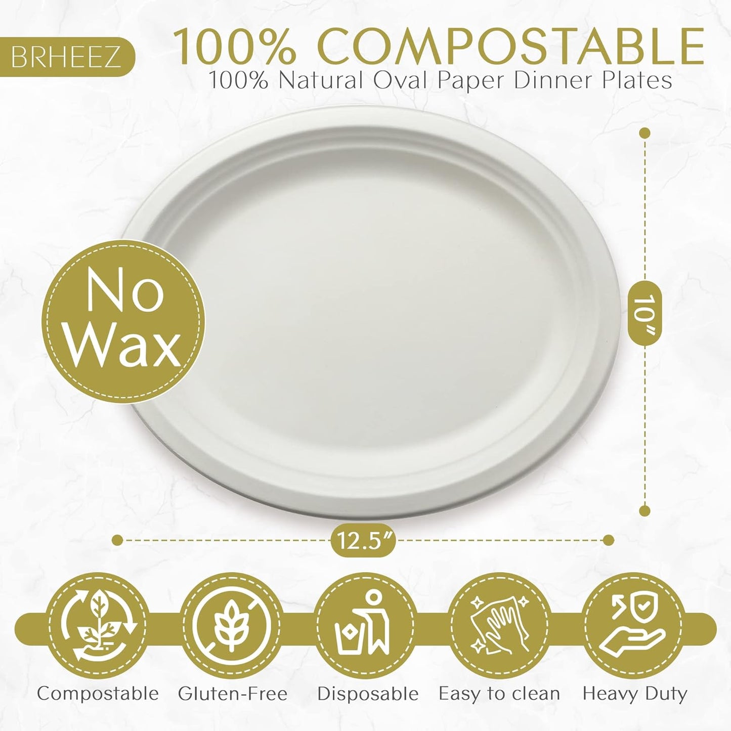 10" x 12.5" Disposable Oval Dinner Plates | 100% Natural Sugarcane Bagasse Fiber | Biodegradable & Compostable Plates, White