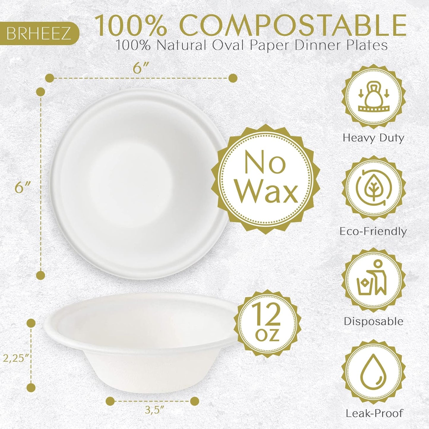 (110/Count) 12 oz  Heavy Duty Round Disposable Bowl | 100% Natural Sugarcane Bagasse Fiber | Biodegradable & Compostable Bowls