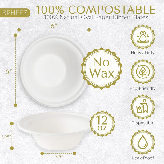 (110/Count) 12 oz  Heavy Duty Round Disposable Bowl | 100% Natural Sugarcane Bagasse Fiber | Biodegradable & Compostable Bowls