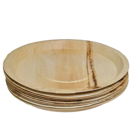 14" Disposable Areca Palm Leaf Round Trays - Bamboo Like Serving Platters, Eco-Friendly Dinnerware for Weddings, Catering & Events.