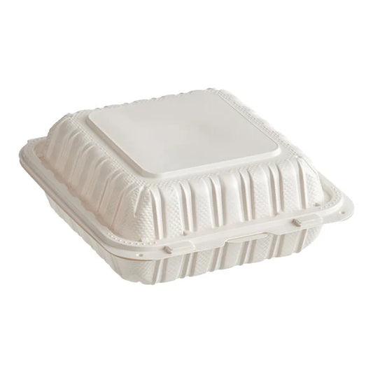 (150/Count) 8" x 8" Microwaveable Mineral-Filled Plastic Hinged Take-Out Container, White