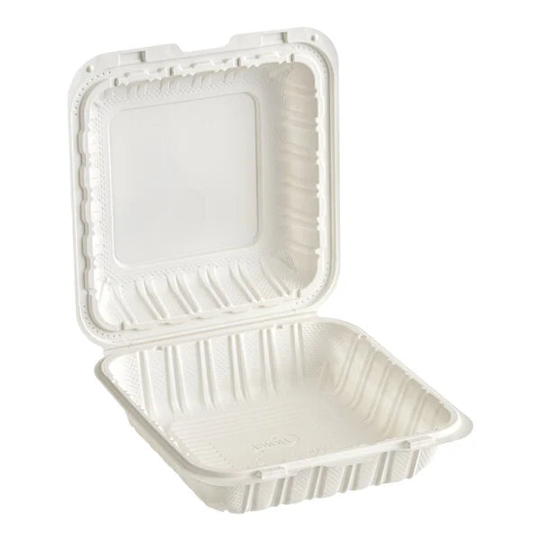 (150/Count) 8" x 8" Microwaveable Mineral-Filled Plastic Hinged Take-Out Container, White