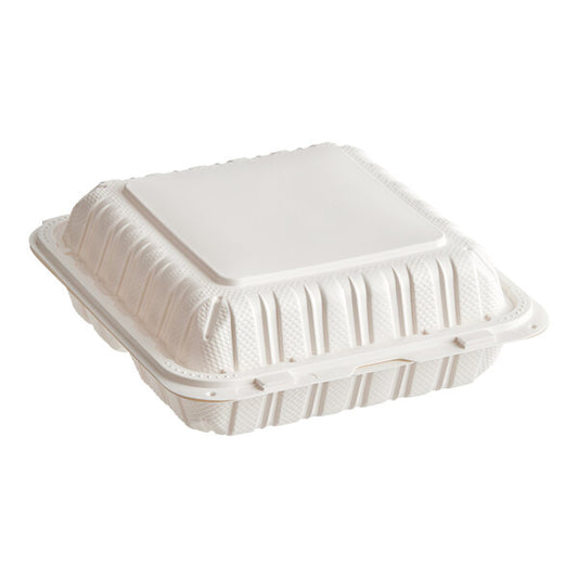 (150/Count) 9" x 9" Microwaveable Mineral-Filled Plastic Hinged Take-Out Container, White