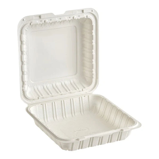 (150/Count) 9" x 9" Microwaveable Mineral-Filled Plastic Hinged Take-Out Container, White