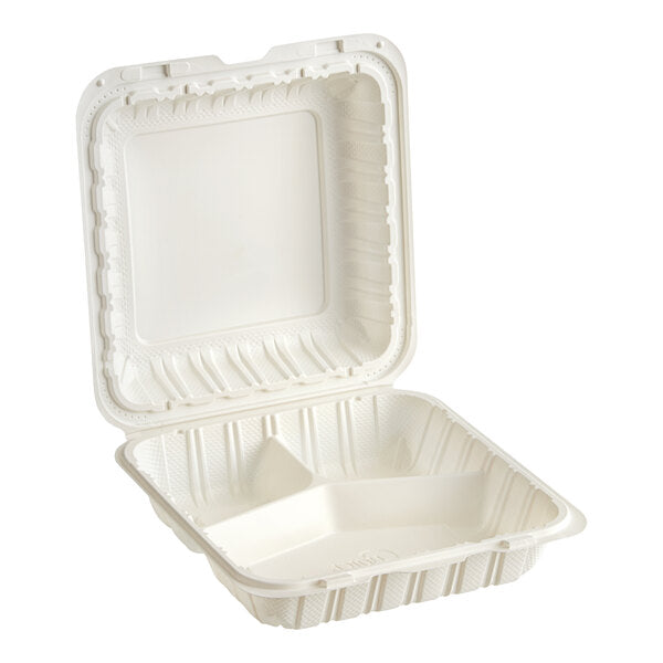 (150/Count) 9" x 9"- 3 Compartment Microwaveable Mineral-Filled Plastic Hinged Take-Out Container, White