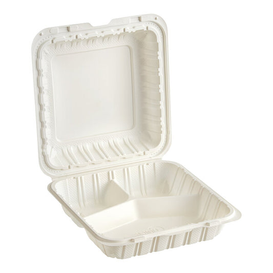 (150/Count) 9" x 9"- 3 Compartment Microwaveable Mineral-Filled Plastic Hinged Take-Out Container, White