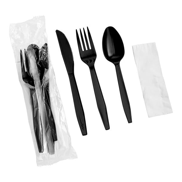 (250/Count) 4 Pcs Heavy Weight Polypropylene Plastic Black Meal Kit (Fork, Knife, Teaspoon & Napkin)