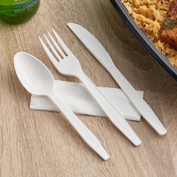 (250/Count) 4 Pcs Heavy Weight Polypropylene Plastic White Meal Kit (Fork, Knife, Teaspoon & Napkin)