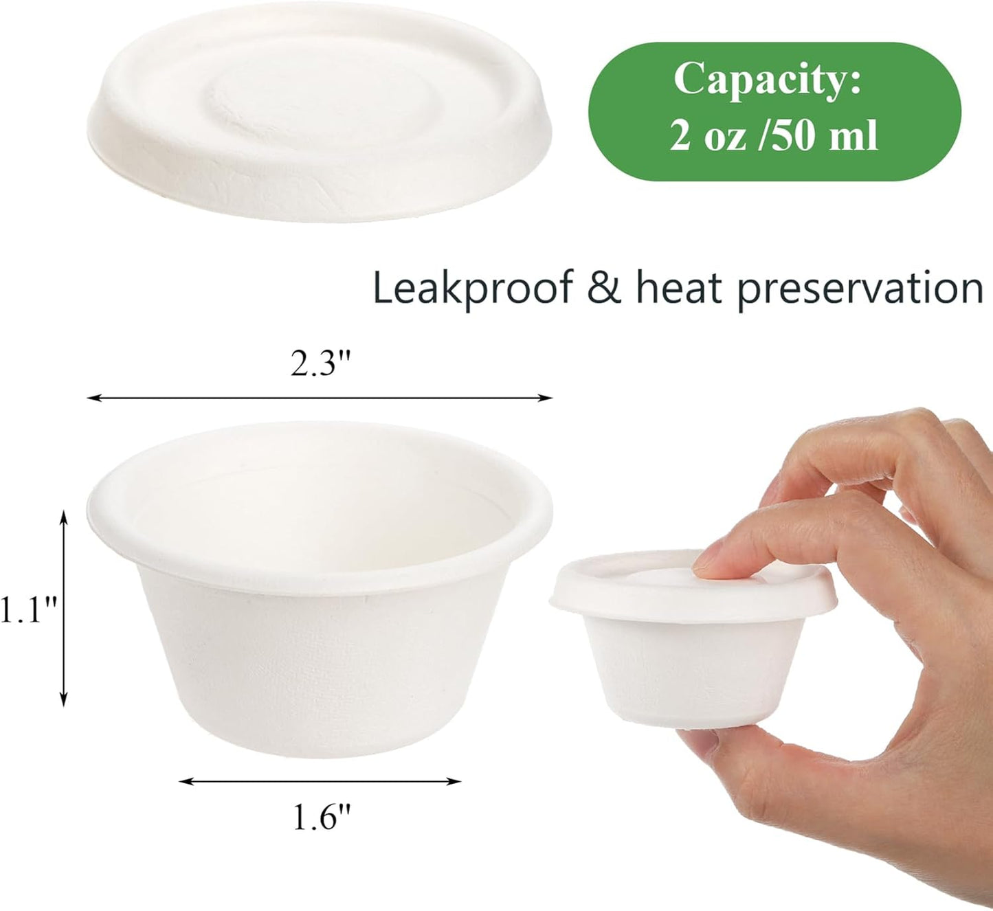2.oz Disposable Souffle/Portion Cups with Lids |100% Natural Sugarcane Bagasse Fiber | Biodegradable & Compostable Cups & Lids