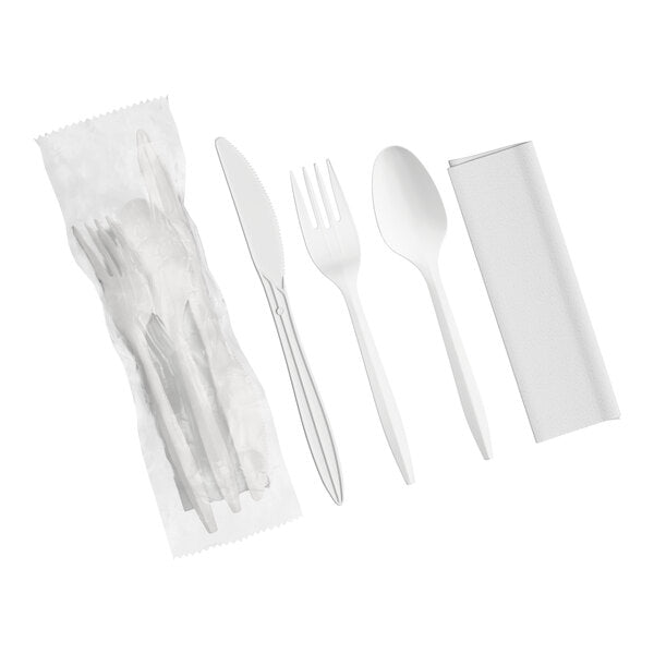 (500/Count) 4 Pcs Medium Weight Polypropylene Plastic White Meal Kit (Fork, Knife, Teaspoon & Napkin)