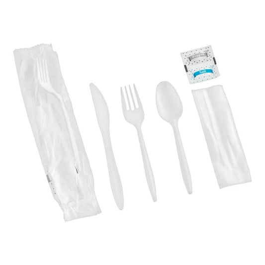 (250/Count) 6 Pcs Medium Weight Polypropylene Plastic White Meal Kit (Fork, Knife, Teaspoon, Napkin & Salt, Pepper)