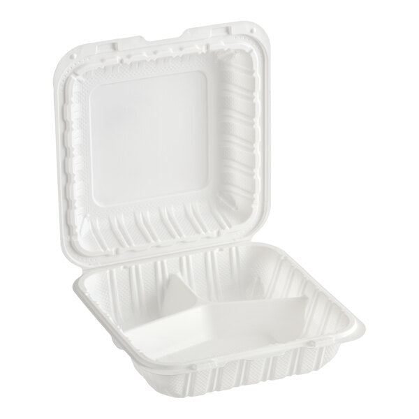 (150/Count) 8" x 8"- 3 Compartment Microwaveable Mineral-Filled Plastic Hinged Take-Out Container, White