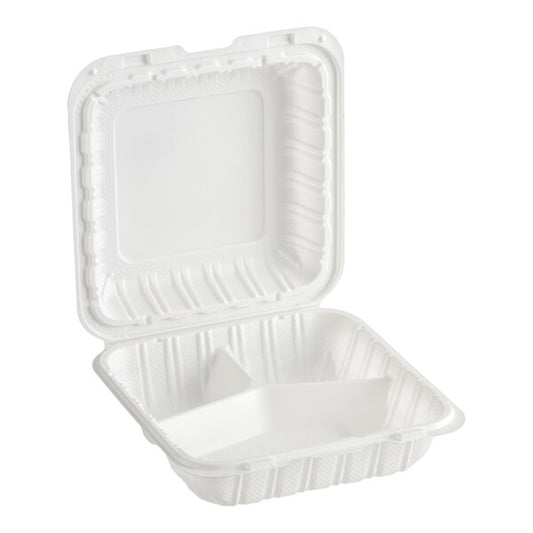 (150/Count) 8" x 8"- 3 Compartment Microwaveable Mineral-Filled Plastic Hinged Take-Out Container, White