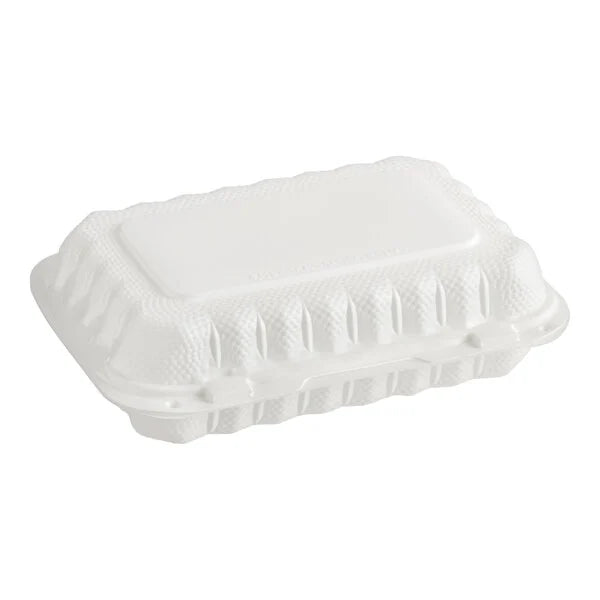 (150/Count) 9" x 6" Microwaveable Mineral-Filled Plastic Hinged Take-Out Container, White