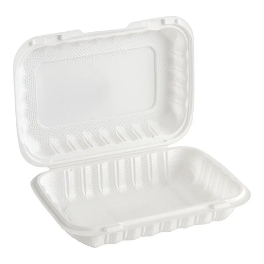 (150/Count) 9" x 6" Microwaveable Mineral-Filled Plastic Hinged Take-Out Container, White