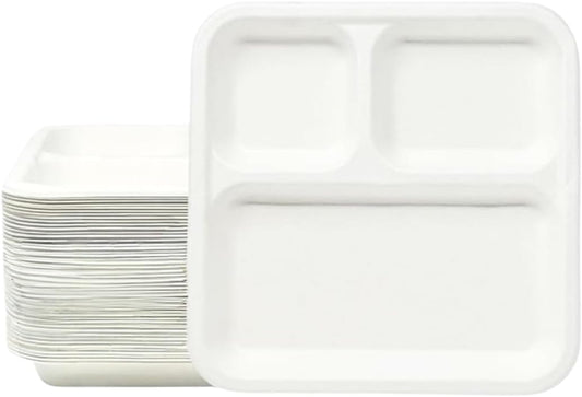 9" - 3 Compartment Disposable Square Plate | 100% Natural Sugarcane Bagasse Fiber | Biodegradable & Compostable Plate, White