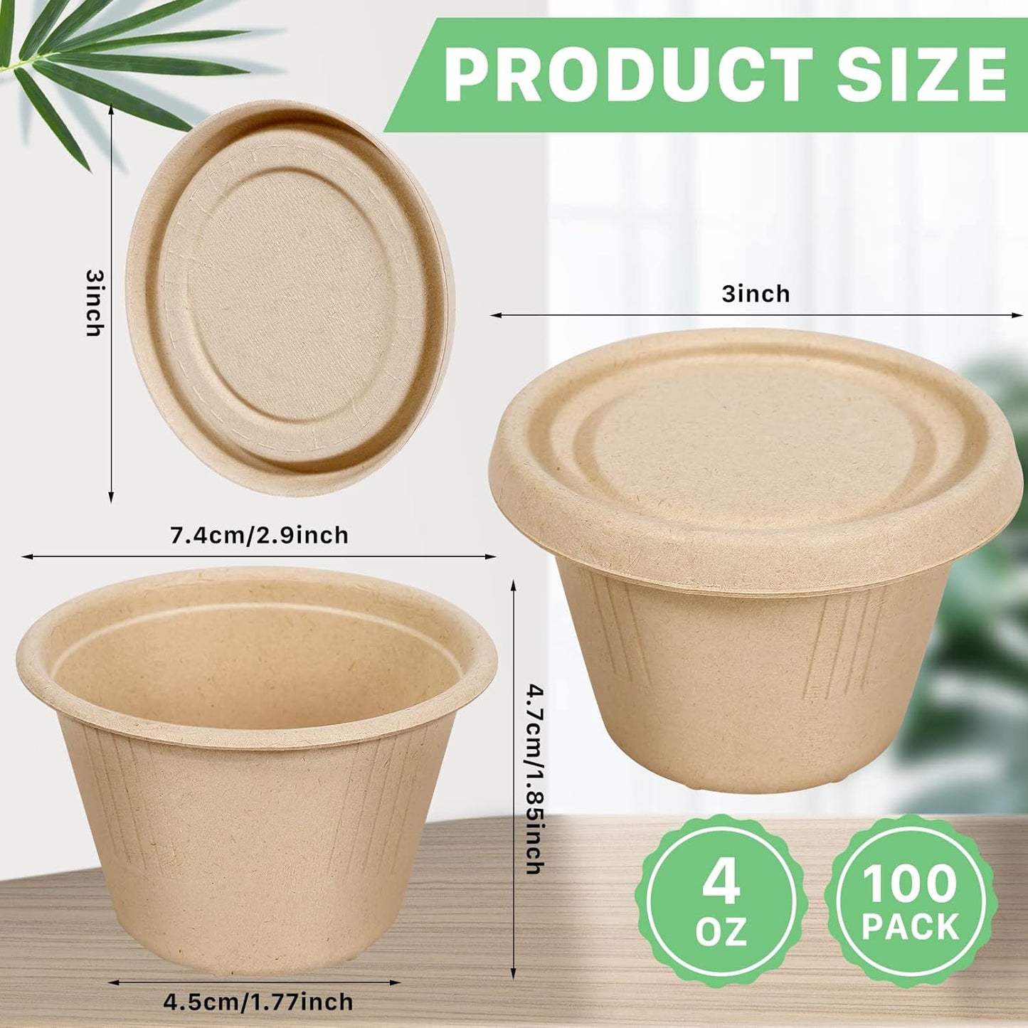 4.oz Disposable Souffle/Portion Cups with Lids |100% Natural Sugarcane Bagasse Fiber | Biodegradable & Compostable Cups & Lids