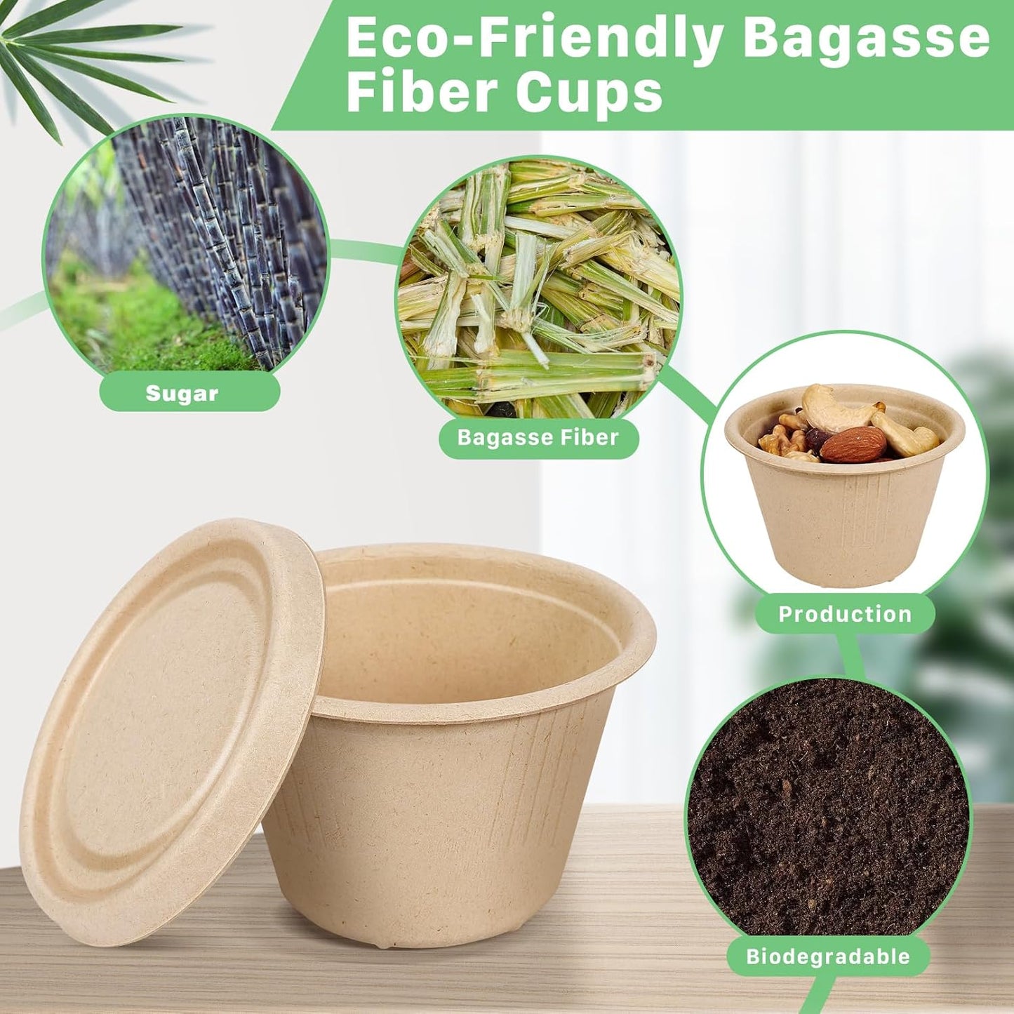 4.oz Disposable Souffle/Portion Cups with Lids |100% Natural Sugarcane Bagasse Fiber | Biodegradable & Compostable Cups & Lids