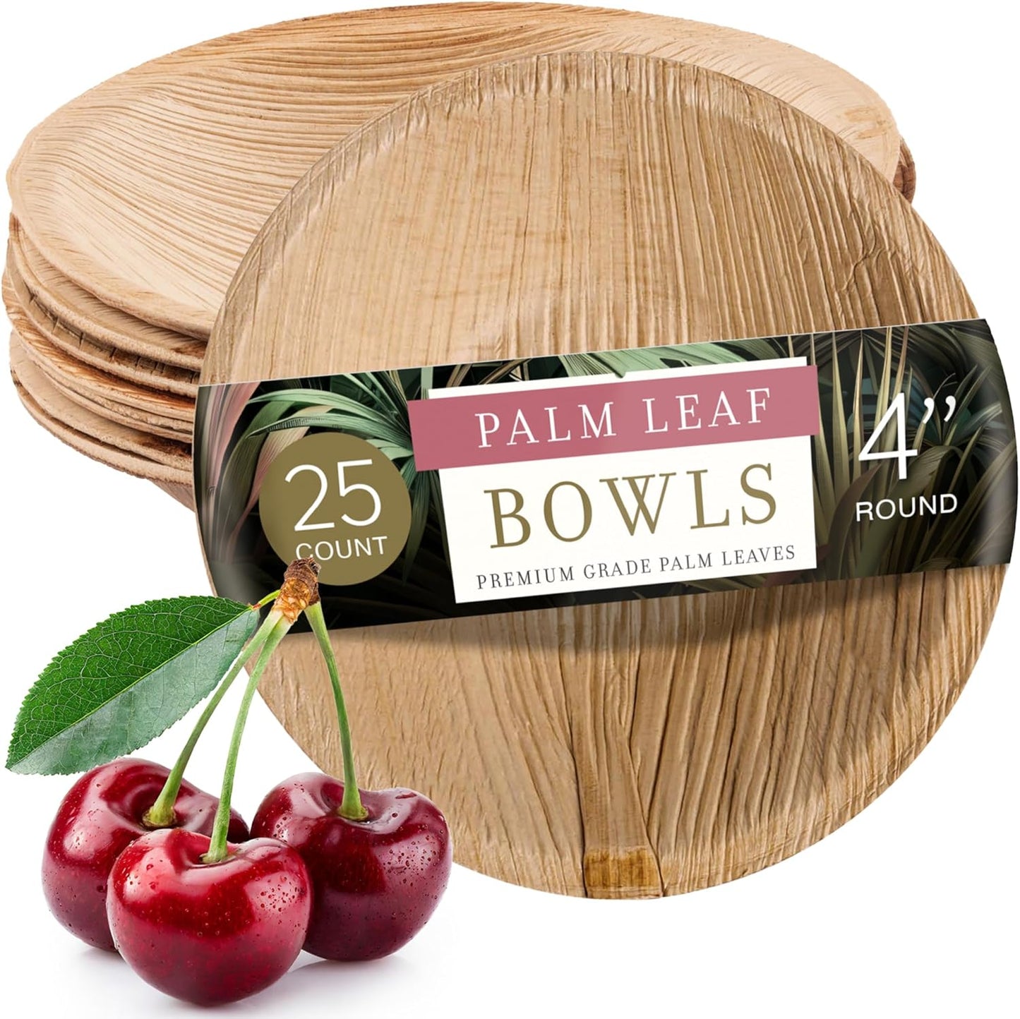 4" Disposable Areca Palm Leaf Round Bowls - Natural Color - Elegant Sturdy - Biodegradable and Compostable.