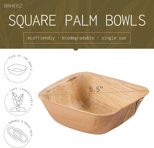 5.5" Disposable Areca Palm Leaf Square Bowls - Natural Color - Elegant Sturdy - Biodegradable and Compostable