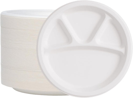 11" - 4 Compartment Disposable Meal Tray | 100% Natural Sugarcane Bagasse Fiber | Biodegradable & Compostable Meal Tray, White