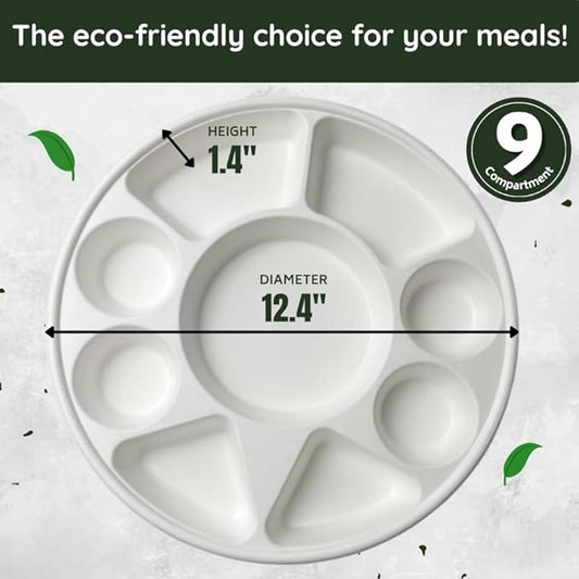 9 Compartment Disposable Meal Tray | 100% Natural Sugarcane Bagasse Fiber | Biodegradable & Compostable Meal Tray, White
