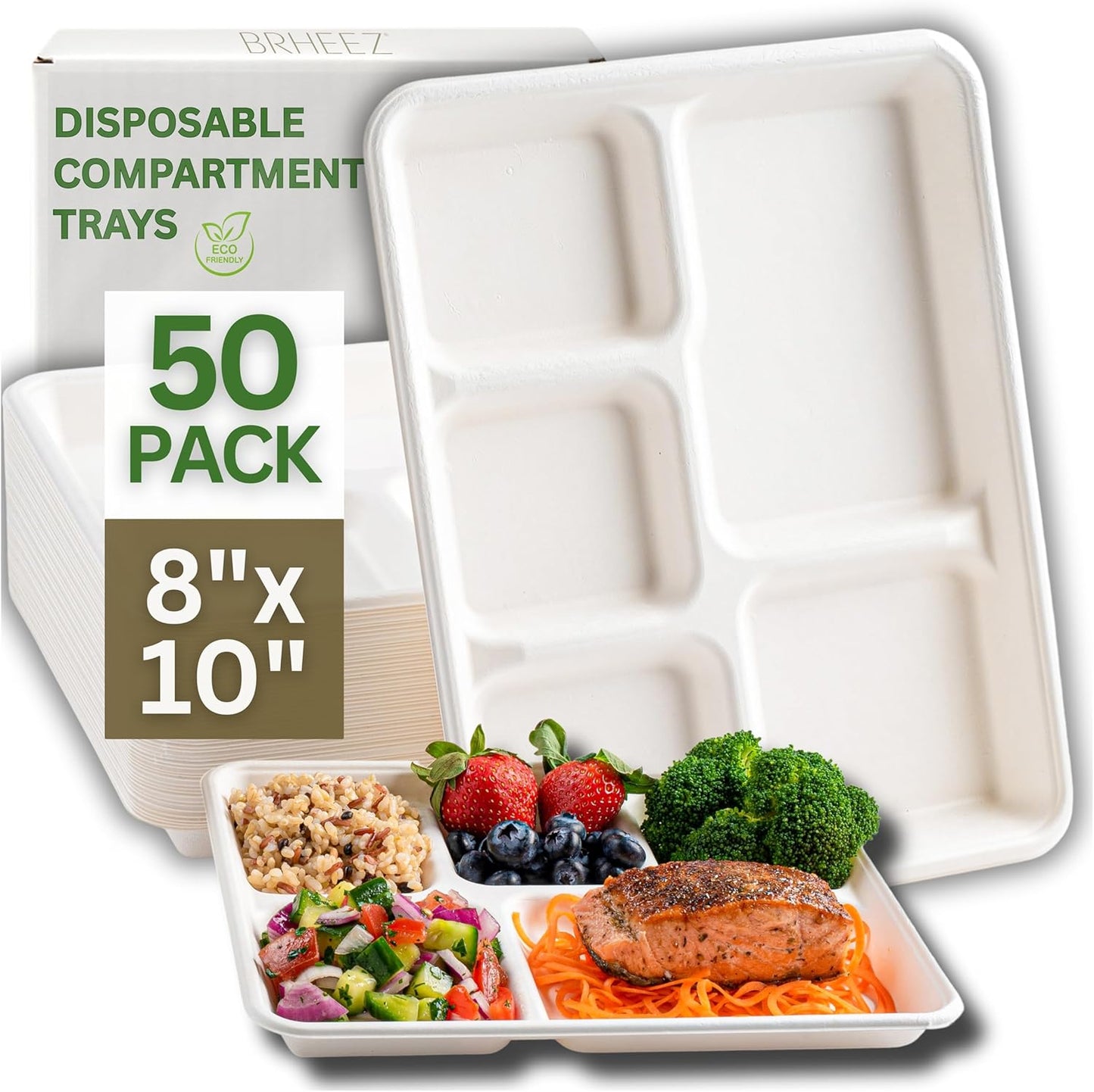 (50/Count) 8" x 10" - 5 Compartment Disposable School Meal Tray | 100% Natural Sugarcane Bagasse Fiber | Biodegradable & Compostable Meal Tray